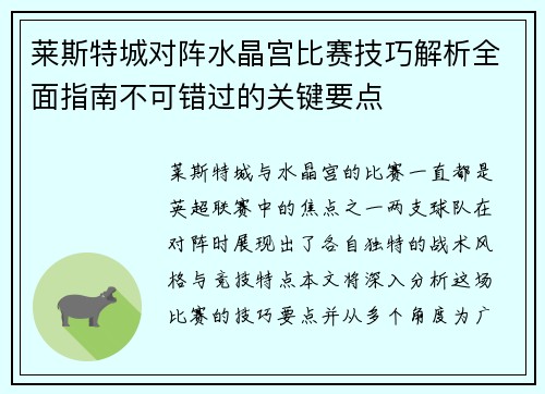 莱斯特城对阵水晶宫比赛技巧解析全面指南不可错过的关键要点