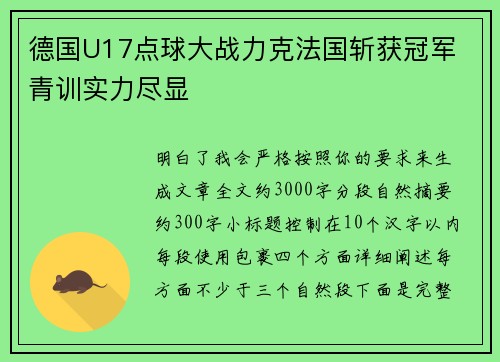 德国U17点球大战力克法国斩获冠军 青训实力尽显