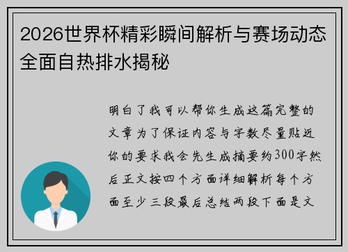 2026世界杯精彩瞬间解析与赛场动态全面自热排水揭秘